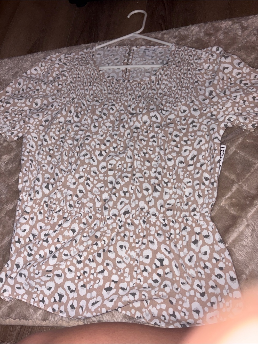 Nine West Beige and White Leopard Print Smocked Blouse